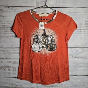 Kids Orange Pumpkin Graphic Tee Halloween Fall Shortsleeve